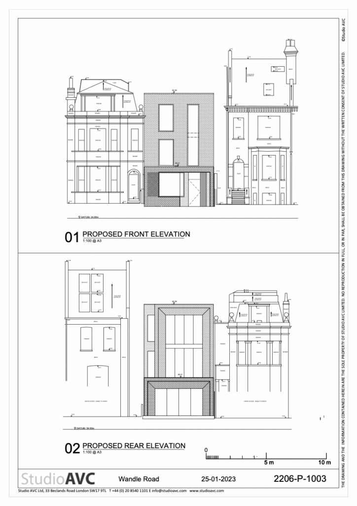 Architectural elevation drawings showing the proposed front and rear design of a contemporary family home
